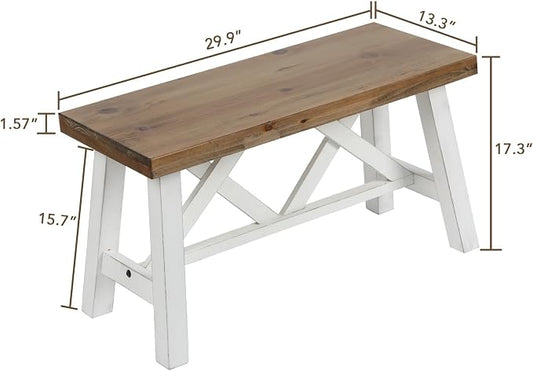 Wnutrees 30" Farmhouse Wood Bench, Rustic Solid Wood Entryway Bench Seat with Double X-Structure for Dining Area Living Room Hallway, Structural Stability, White
