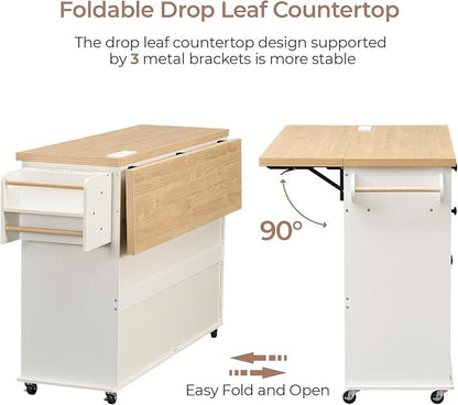 60.2" Kitchen Islands with Storage, Kitchen Island Cart with Trash Can Storage Cabinet, Rolling Kitchen Island Table with Drop Leaf & Power Outlet & Spice Rack & Towel Rack & Knife Holder, White