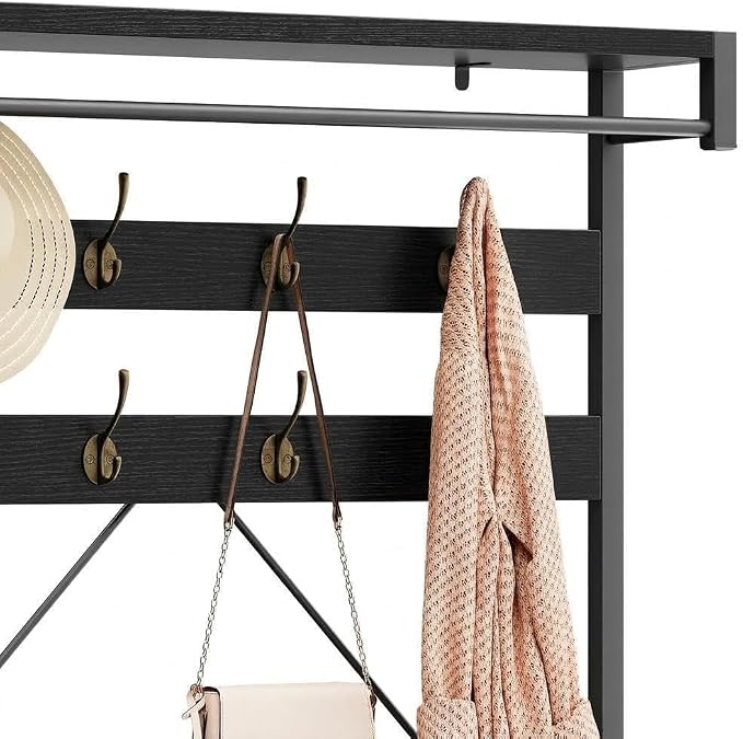 Hall Tree with Bench and Shoe Storage, Entryway Bench with Coat Rack, 3-in-1 Mudroom Organizer with 8 Hooks, Freestanding Industrial Storage Rack for Hallway, Black
