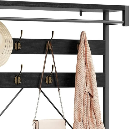 Hall Tree with Bench and Shoe Storage, Entryway Bench with Coat Rack, 3-in-1 Mudroom Organizer with 8 Hooks, Freestanding Industrial Storage Rack for Hallway, Black