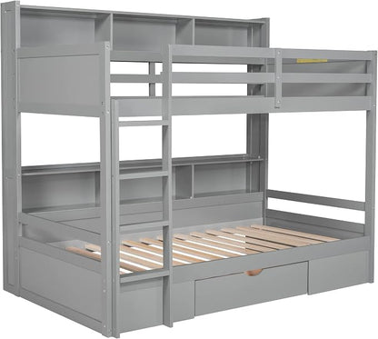 RUNNA Twin Bunk Bed with Storage Drawer,Shelves,Ladder,Gray | Twin bunk bed with storage drawer, shelves, ladder, guardrails, solid wood, no box spring needed, white, kids teens