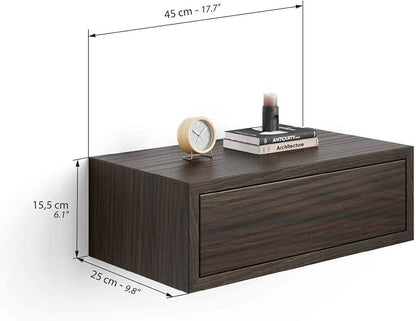Mobili Fiver, Riccardo Wall Bedside Table, Dark Walnut, 17.7" x 9.8" x 6.1 ", Melamine-Finished, Modern Bedside Table, End Table, Italian Furniture