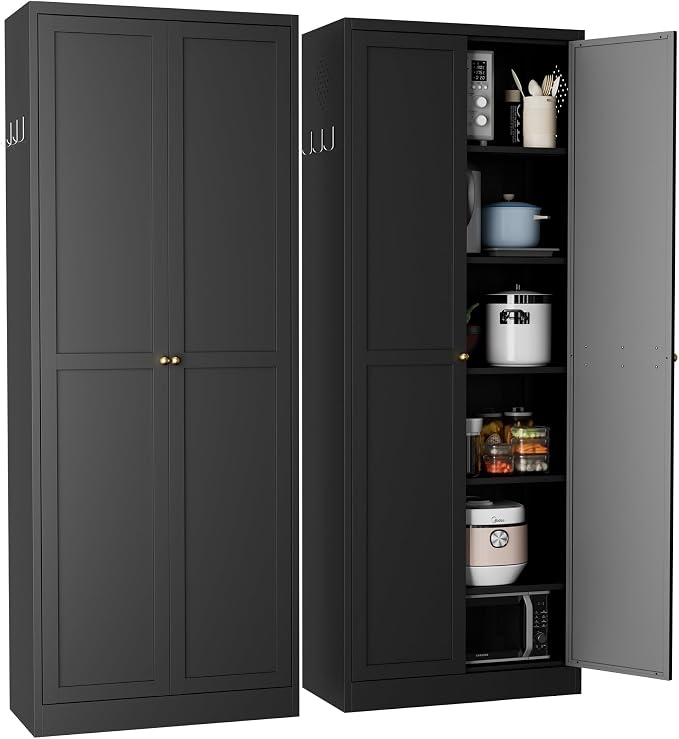 72" H Black Metal Kicthen Pantry Storage Cabinet 6-Tier Cupboard | Storage Cabinet with 5 Adjustable Shelves, Living Room, Garage, Heavy Duty Freestanding Utility Cabinet, Assembly Require