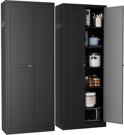 72" H Black Metal Kicthen Pantry Storage Cabinet 6-Tier Cupboard | Storage Cabinet with 5 Adjustable Shelves, Living Room, Garage, Heavy Duty Freestanding Utility Cabinet, Assembly Require