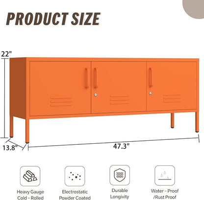 3 Door TV Standwith Storage Locke Metal TV Cabinet with 2-Tier Multi-Purpose Lockable Wide Storage Cabinet, Media Console Table with Metal Legs for Living Room, Bedroom,Office,Orange