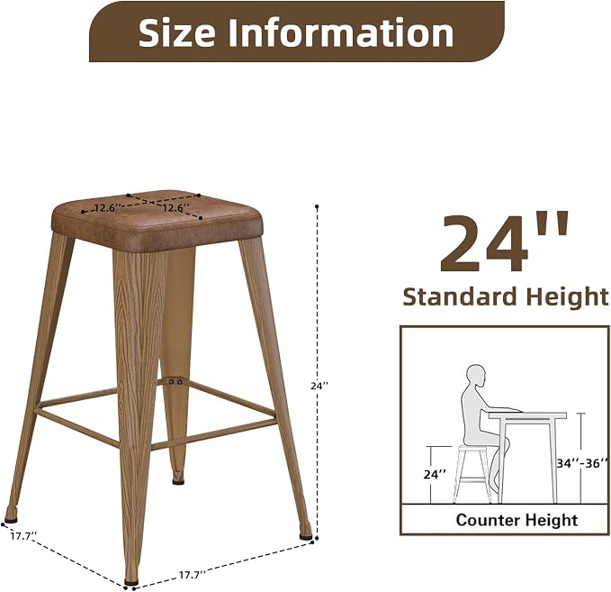 Bar Stools Set of 2, 24" Counter Height Bar Stools Backless, Upholstered Bar Stools with Metal Legs for Kitchen Island, Study Room, Cafe, Walnut