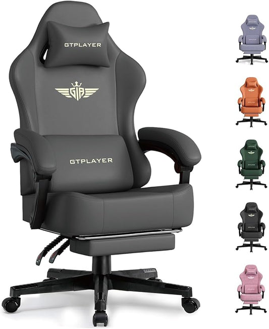GTPLAYER Gaming Chair with Pocket Spring Cushion, Big and Tall Gamings Chairs 350LBS High Back Computer Chair with Footrest for Adults Lumbar Support Swivel Game Chair for Office, Leather Grey