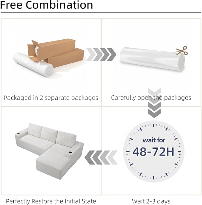 104" L Shaped Boneless Sectional Couches for Living Room, Comfy Corduroy Floor Cloud Sofa with Chaise and Cup Holder, Wide Armrest, Deep Seat, Assembly Free, Ideal for Small Spaces, Beige