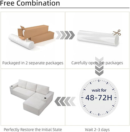 104" L Shaped Boneless Sectional Couches for Living Room, Comfy Corduroy Floor Cloud Sofa with Chaise and Cup Holder, Wide Armrest, Deep Seat, Assembly Free, Ideal for Small Spaces, Beige