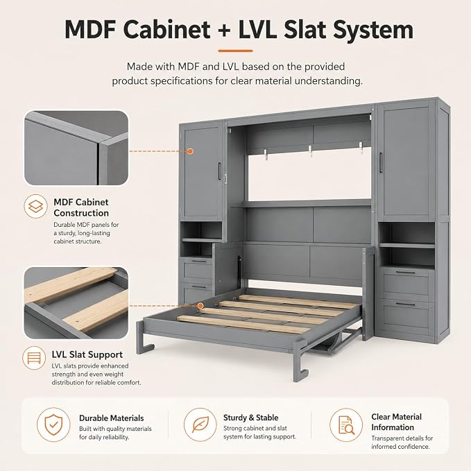 Queen Murphy Bed with Desk, Wall Bed Cabinet with Storage Shelves, Enclosed Cabinets and Hidden Foldout Workstation, Folding Cabinet Bed, Space Saving Bed for Guest Room, Home Office (Gray)