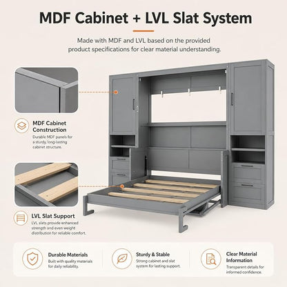Queen Murphy Bed with Desk, Wall Bed Cabinet with Storage Shelves, Enclosed Cabinets and Hidden Foldout Workstation, Folding Cabinet Bed, Space Saving Bed for Guest Room, Home Office (Gray)