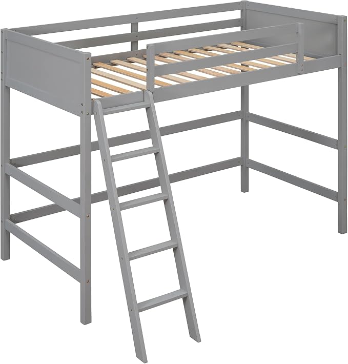 Ball & Cast Solid Wood Twin Size Loft Bed,Loftkbed w/Ladder and Full-Length Guardrails,Slat Support,No Box Spring Needed,Space Saving,Slat Support,Bedframe for Child's Bedroom,Gray