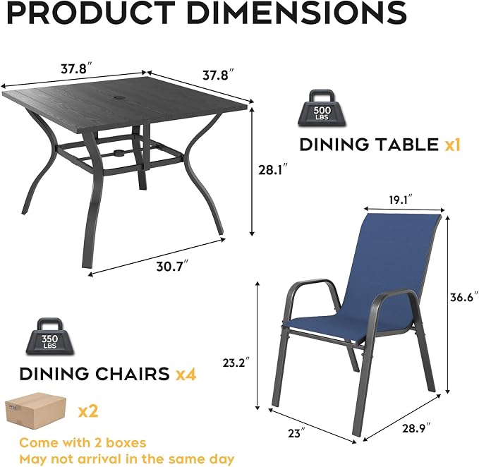 Outdoor Dining Set for 4,5pcs Patio Table and Chairs Set with Adjustable Umbrella Hole,37.8”x37.8” Square Metal Outdoor Table and Stackable Patio Chair for Yard, Garden, Porch