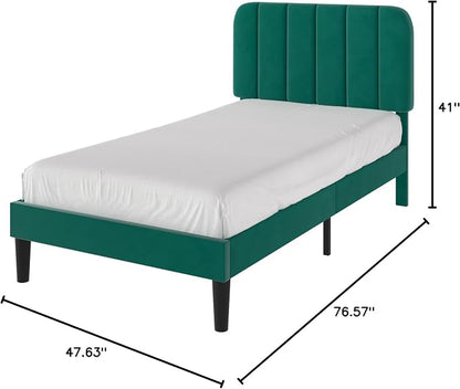 VECELO Twin Size Bed Frame with Upholstered Headboard, Velvet Platform Bedframe Mattress Foundation, Strong Wood Slat Support, No Box Spring Needed,Green