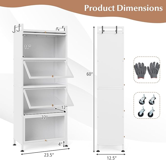 Giantex 5-Tier Kitchen Storage Cabinet, Freestanding Metal Pantry Cabinet w/ 4 Flip-up PC Doors, 4 Hooks & Adjustable Feet, 60” Tall Bakers Rack Microwave Stand for Dining Room, Living Room, White