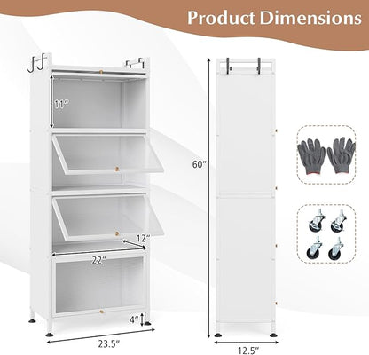 Giantex 5-Tier Kitchen Storage Cabinet, Freestanding Metal Pantry Cabinet w/ 4 Flip-up PC Doors, 4 Hooks & Adjustable Feet, 60” Tall Bakers Rack Microwave Stand for Dining Room, Living Room, White