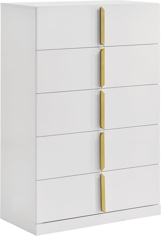 Coaster Home Furnishings - INES - Wood - 5-Drawer Chest with Vertical Gold Pulls, English Dovetail Joinery and Contemporary Design - Bedroom - White High Gloss - 223095