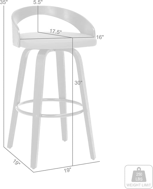 Armen Living Sonia 30" Bar Height Swivel Brown Faux Leather and Walnut Wood Bar Stool - Set of 4