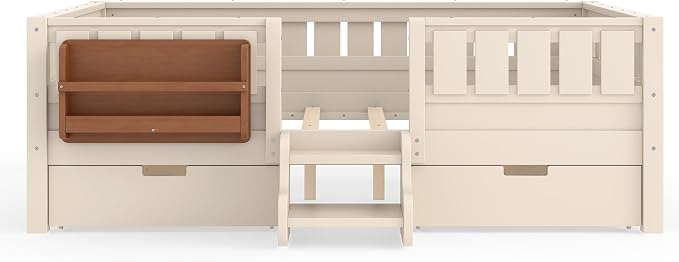 Bellemave Full Kids Montessori Bed with Stairs, Bookshelf and Drawers, Solid Wood Kids Bed Frame with Storage for Boys Girls, Low Profile,Beige