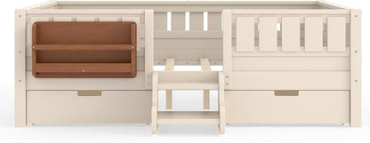 Bellemave Full Kids Montessori Bed with Stairs, Bookshelf and Drawers, Solid Wood Kids Bed Frame with Storage for Boys Girls, Low Profile,Beige