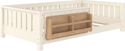 Bellemave Twin Size Floor Bed with high Rails and with Built-in Bookshelf for Kids, Girls, Boys, Wood Montessori Floor Bed Without Door, Beige