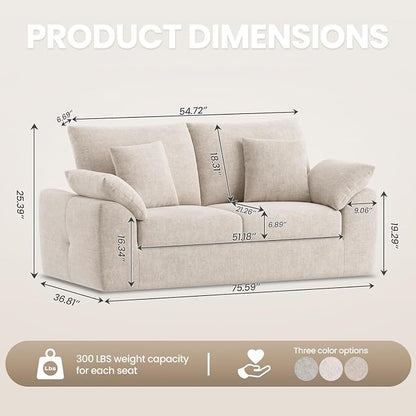 75.6" Modern Loveseat Sofa for Living Room, Cloud Boneless Couches with 4 Pillows, Mid Century Loveseat couches for Small Place, No Assembly Required, Camel