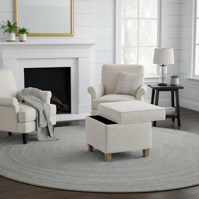 Homepop Home Decor | K7342-F2067 | Classic Square Storage Ottoman with Lift Off Lid | Ottoman with Storage for Living Room & Bedroom, Cream Woven