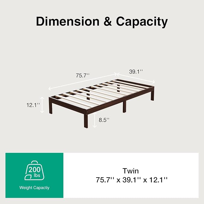 Novilla 12 Inch Wooden Twin Bed Frame, Platform Twin Size Bed Frame Without Headboard, Sturdy Wood Slat Support, No Box Spring Needed, Easy Assembly, Walnut