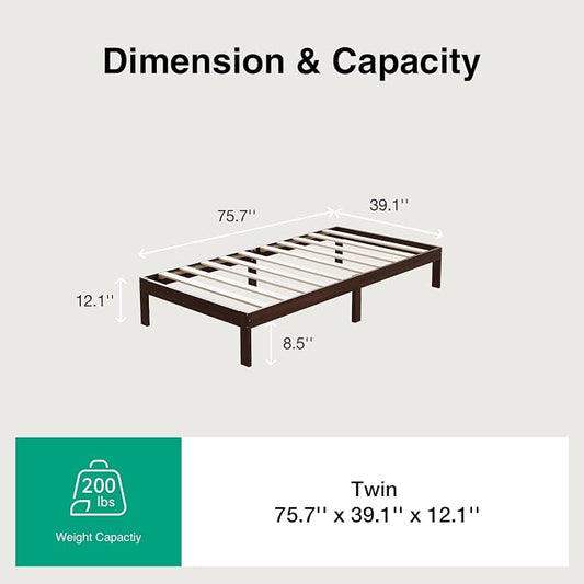 Novilla 12 Inch Wooden Twin Bed Frame, Platform Twin Size Bed Frame Without Headboard, Sturdy Wood Slat Support, No Box Spring Needed, Easy Assembly, Walnut