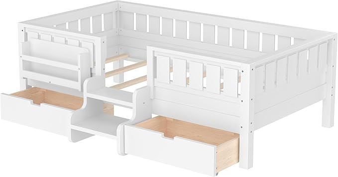 Bellemave Twin Size Kids Bed with high Rails and with Built-in Bookshelf and Drawers for Kids, Girls, Boys, Wood Montessori Bed Without Door, White