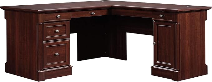 Sauder Palladia L Shaped Desk with Drawers, Office Desk with File Cabinet Storage, Cable Management, Keyboard Tray, in Select Cherry finish