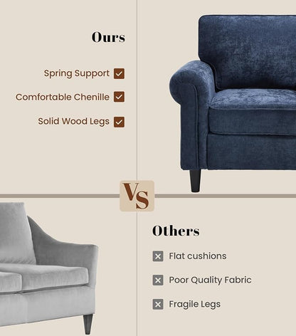 Kingfun Loveseat 2 Seater Couch, Mid Century Modern Chenille Sofa with Rolled Arms and Deep Seats, Fluffy Comfort for Living Room, Apartment, Easy Assembly, Blue