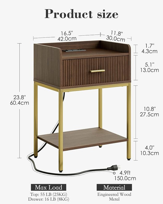 Nightstand with Charging Station, 3-Tier Bed Side Table, Small End Table, Night Stand with Open Shelf and Drawer, Bedside Table for Bedroom, Living Room, Walnut