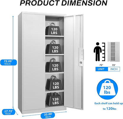 Metal Garage Storage Cabinet with Lock, 72" Tall Steel Storage Locker with 4 Adjustable Shelves, Heavy Duty Metal Cabinet for Garage, Office, Home, White