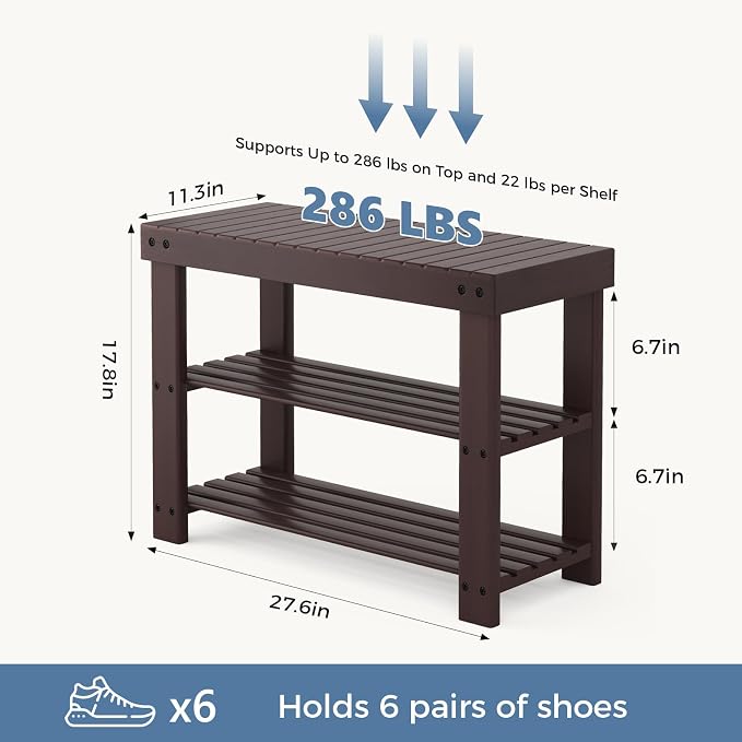DUMOS Wooden Shoe Rack Bench with Storage, 3-Tier Bamboo Entryway Benches, Shoe Rack Holds Up to 286 lb Storage Organizer, 11.3 x 27.6 x 17.8 Inches, Suitable for Bedroom Living Room Balcony, Brown