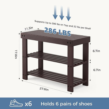 DUMOS Wooden Shoe Rack Bench with Storage, 3-Tier Bamboo Entryway Benches, Shoe Rack Holds Up to 286 lb Storage Organizer, 11.3 x 27.6 x 17.8 Inches, Suitable for Bedroom Living Room Balcony, Brown