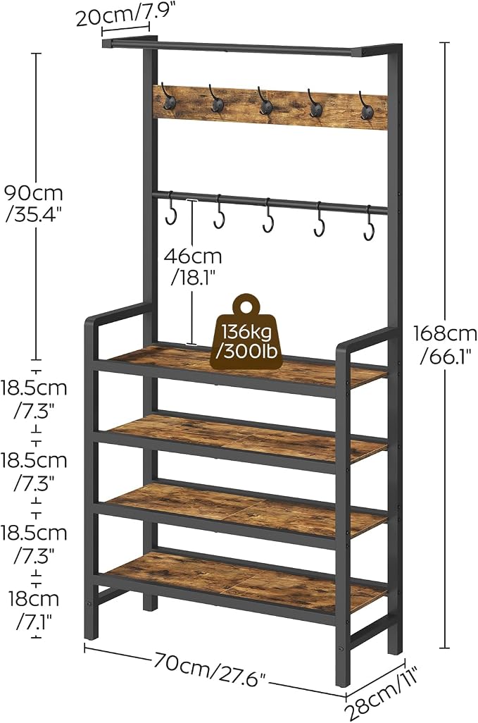 YATINEY Hall Tree, Coat and Shoe Rack, Entryway Coat Rack with 4-Tier Wooden Shoe Rack and 10 Hooks, Freestanding Hall Tree with Shoe Storage for Entryway, Hallway, Rustic Brown and Black MT09BR