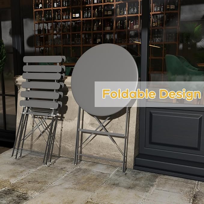 Bistro Table Set, 3 Piece Grey Folding Patio Furniture Set with 2 Chairs and Coffee Table Outdoor Indoor Balcony Seating for Garden Yard Patio Porch