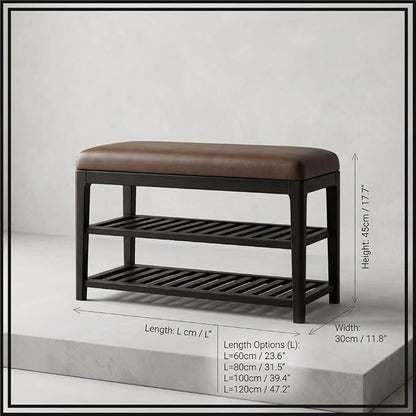 2 Tier Shoe Storage Bench for Entryway | Sturdy Rubberwood Shoe Rack with Cushioned Seat, Space-Saving Organizer for Closet(Brown,80cm/31.4in)