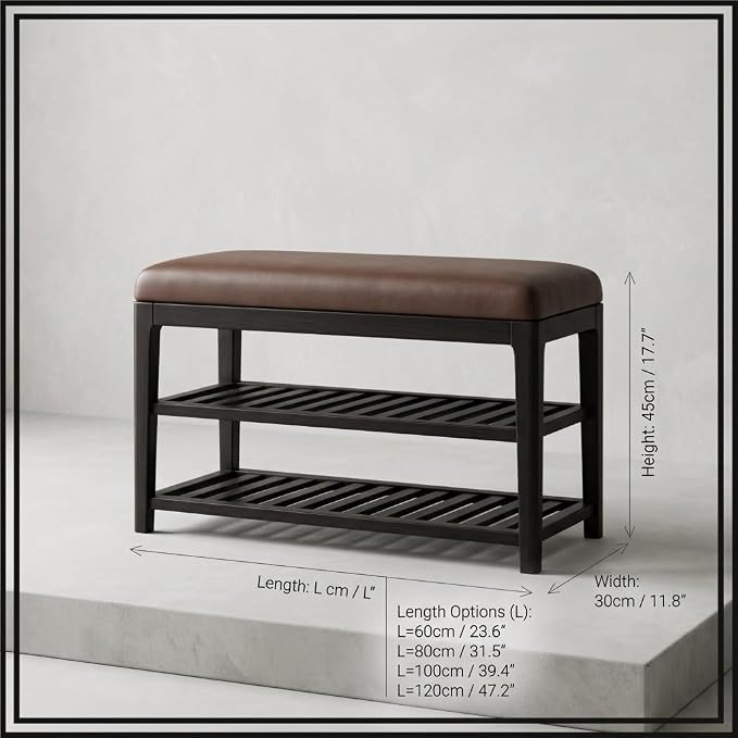 2 Tier Shoe Storage Bench for Entryway | Sturdy Rubberwood Shoe Rack with Cushioned Seat, Space-Saving Organizer for Closet(Brown,100cm/39.3in)