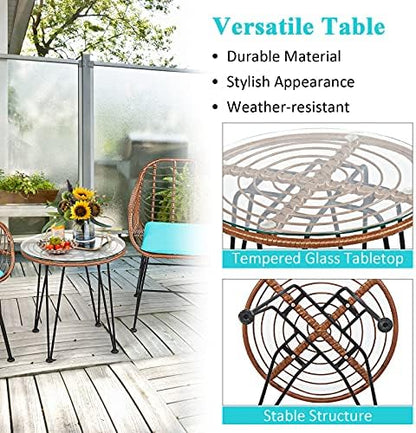 Tangkula 3 Pieces Patio Conversation Bistro Set, Outdoor Wicker Furniture w/Round Tempered Glass Top Table & 2 Rattan Armchairs, Bistro Chat Set w/Seat Cushions for Porch, Backyard, Garden
