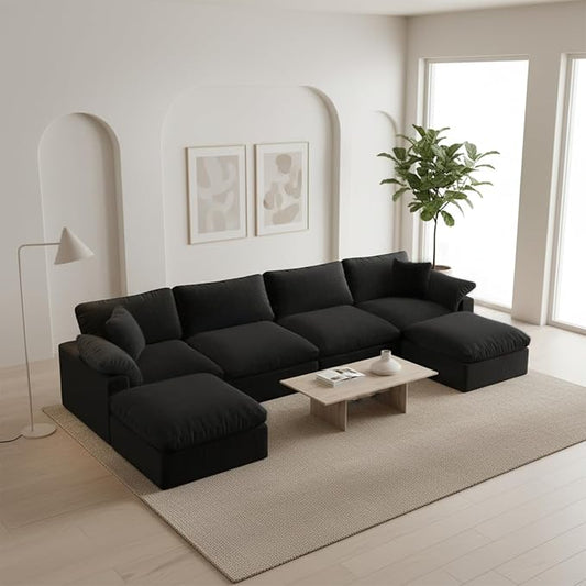 Modern Modular Sectional Sofa U-Shaped 6-Seat with Ottoman,Black-Extra Comfty Deep Seat Couch for Living Room,Apartment,Office & Small Spaces