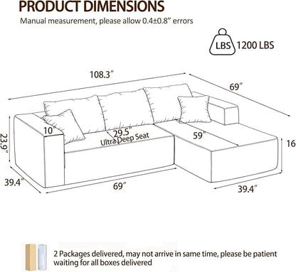 108" Modular Sectional Sofa, L-Shape Cloud Couch with Deep Seats & Chaise,4-in-1 Covertible Corduroy Boneless Couches for Living Room,Bedroom,No Need Assembly - Beige(Right Facing Chaise)