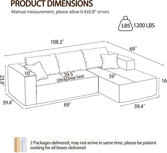 108" Modular Sectional Sofa, L-Shape Cloud Couch with Deep Seats & Chaise,4-in-1 Covertible Corduroy Boneless Couches for Living Room,Bedroom,No Need Assembly - Beige(Right Facing Chaise)