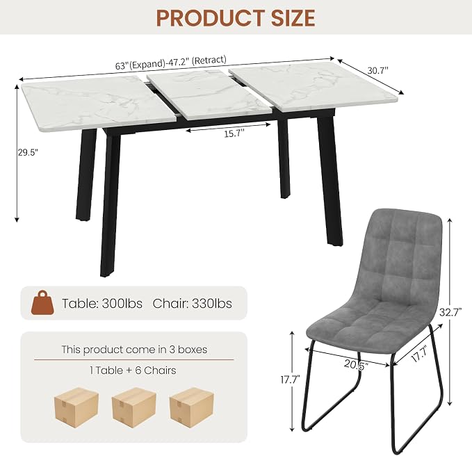 47.2"-63" Extendable Dining Room Table Set for 4-8 People, White | Removable Extension Leaf, Robust MDF Rectangle Tabletop, 6 Grey U-shaped PU Leather Chairs, Heavy Duty Modern Kitchen Table