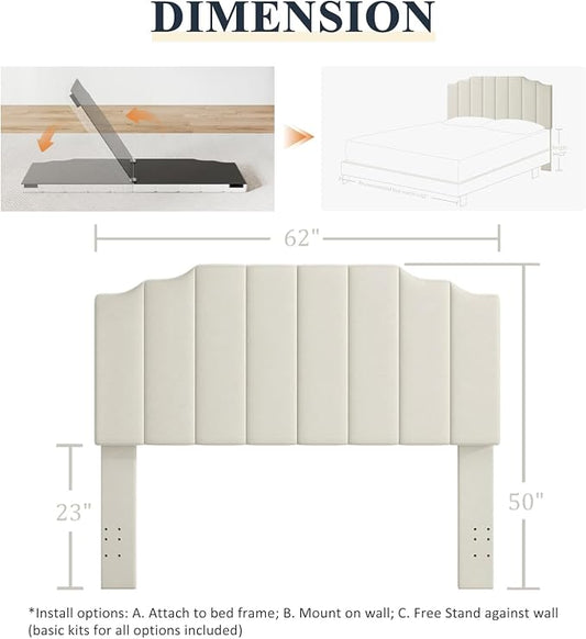Befurtori Queen Size Headboard Only, Velvet Wall Mounted Headboard Queen/Full Size for Adjustable Bed, Modern Vertical Channel Design with Curved Tufted Upholstered Head Board, Cream