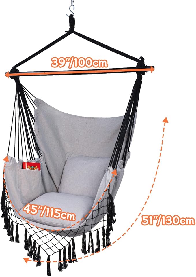 Hammock Chair Hanging Rope Swing Chair,Max 450 Lbs, Large Hanging Chair with Pocket, 2 Cushions, Removable Steel Bar, Hardware Kit Included, Superior Comfort for Indoor Outdoor (Light Grey)