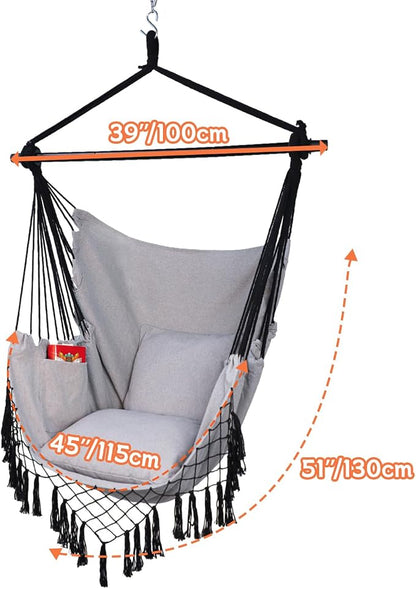 Hammock Chair Hanging Rope Swing Chair,Max 450 Lbs, Large Hanging Chair with Pocket, 2 Cushions, Removable Steel Bar, Hardware Kit Included, Superior Comfort for Indoor Outdoor (Light Grey)