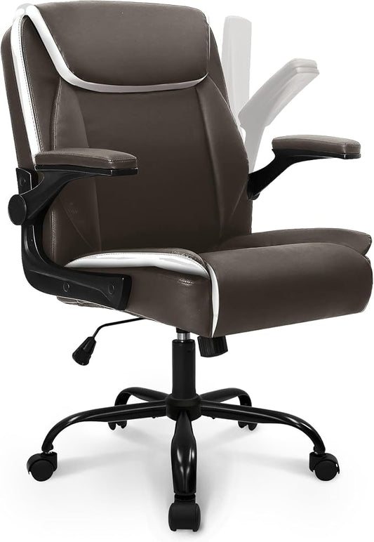 NEO CHAIR Desk Office Gaming Computer Chair Ergonomic Executive Mid-Back Leather with Adjustable Padded Flip-Up Armrests Cushion Wheels Swivel for Home Study Task (Brown)