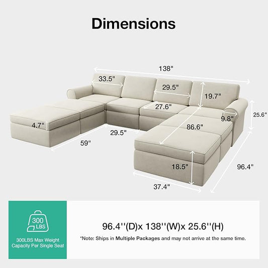 Novilla 138" Modular Sectional Sofa, Modular Sectional Couches for Living Room, Chenille Removable Cover Cloud Couch with Smarts Coil® Support U-Shaped Boneless Couch(Beige, 4 Seater + 4 Ottoman)